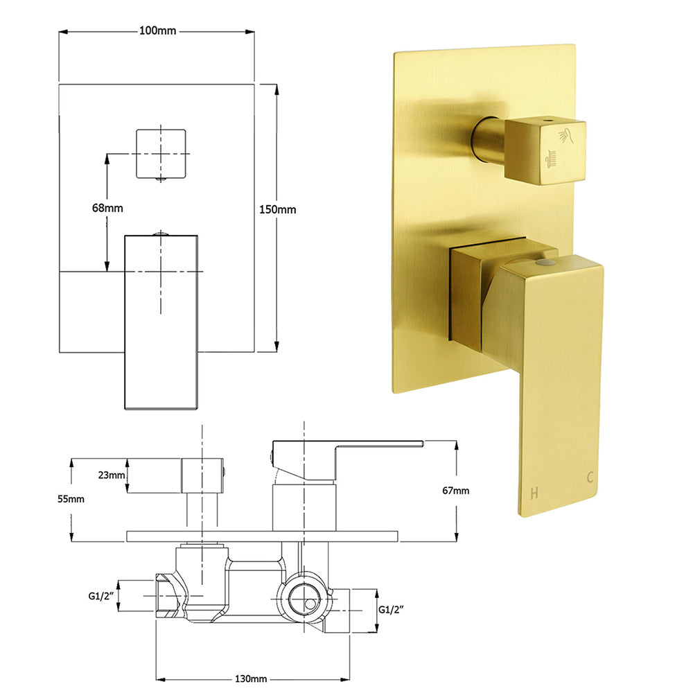 Watermark 1/2 Inch Shower Mixer Diverter Brushed Gold Square Stainless Steel Set