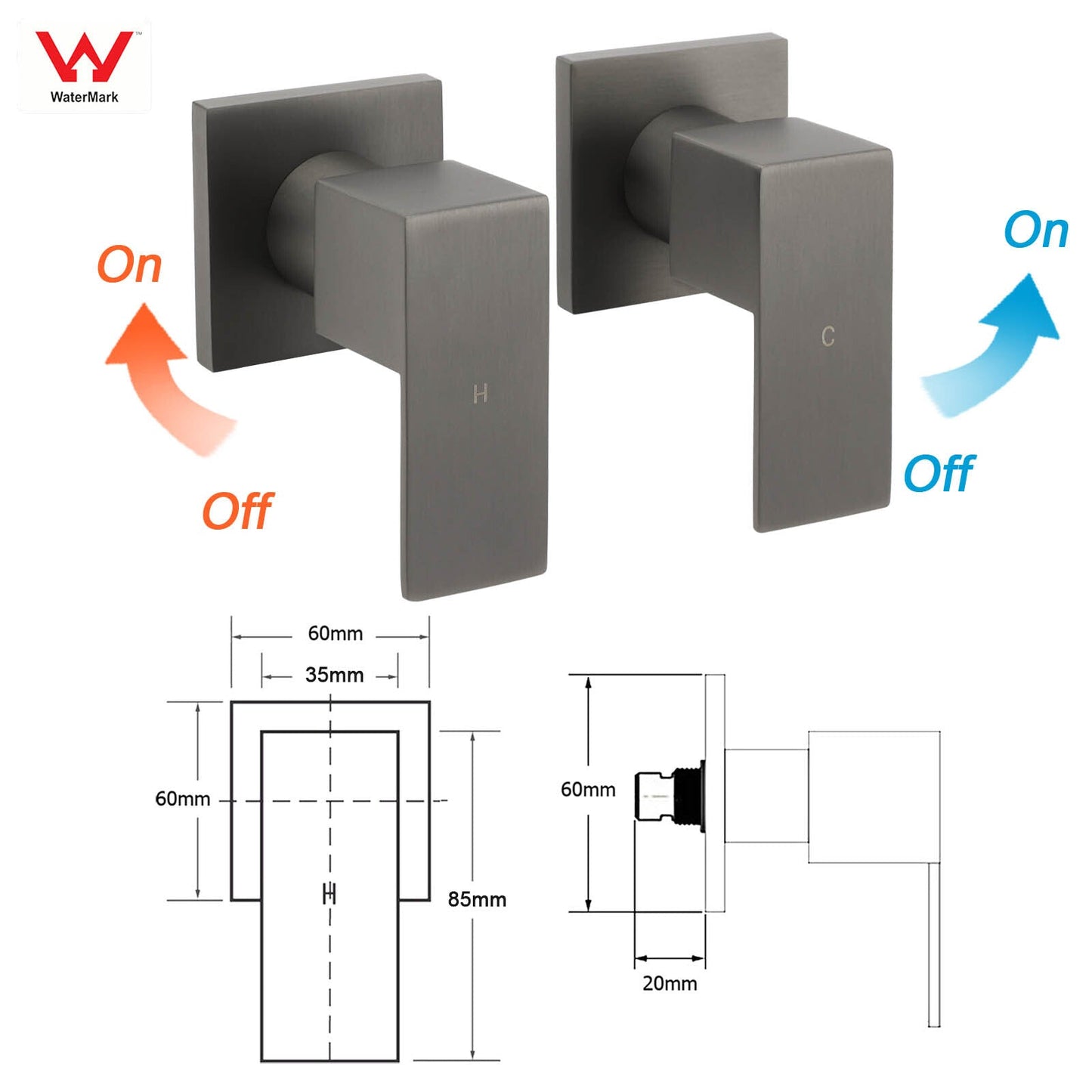 Gun Metal Grey Square 1/4 Quarter Turn Wall Twin Taps For Shower Basin Spout Set