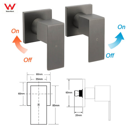 Gun Metal Grey Square 1/4 Quarter Turn Wall Twin Taps For Shower Basin Spout Set