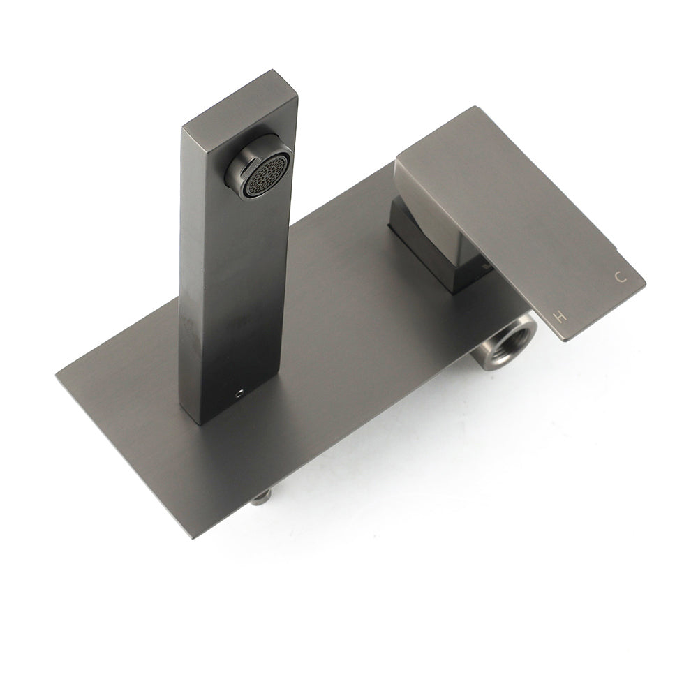 WELS Gun Metal Square Wall Mount Basin Mixer Laundry Vanity Tap Spout Faucet Set