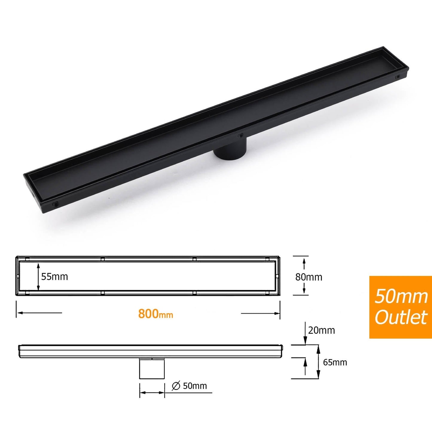Matt Black 800mm Tile Insert Bathroom Floor Drain Shower Grate 50mm Outlet Waste