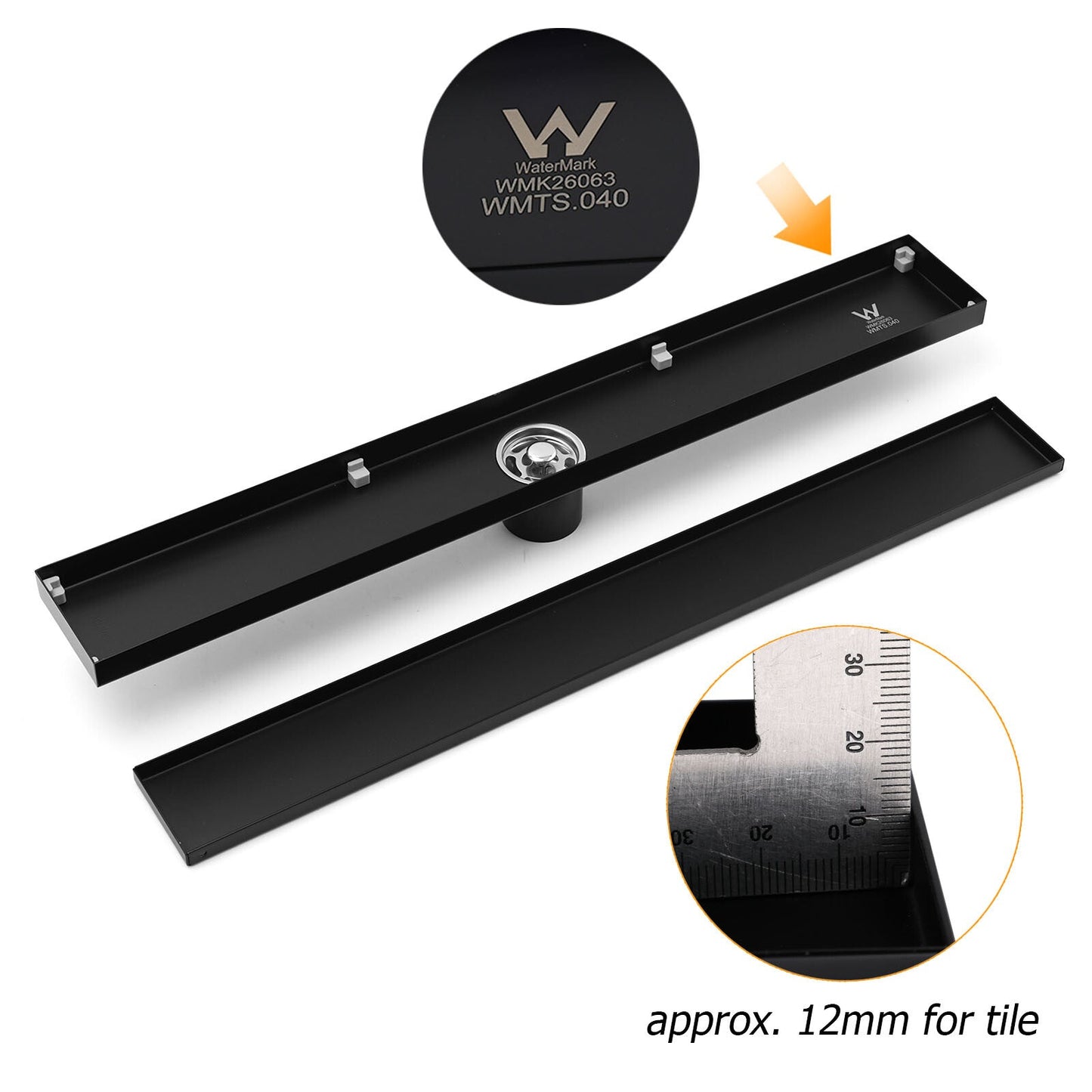 WaterMark Matt Black 900mm Tile Insert Shower Grate Floor Drain 50mm Flow Waste