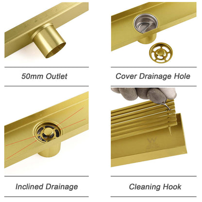 Brushed Gold SUS 900mm Strip Fence Bathroom Floor Shower Grate Drain 50mm Outlet