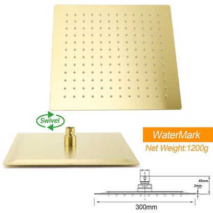 WELS Brushed Gold 12" Square Thin Rain Shower Head 400mm Straight Wall Arm Set