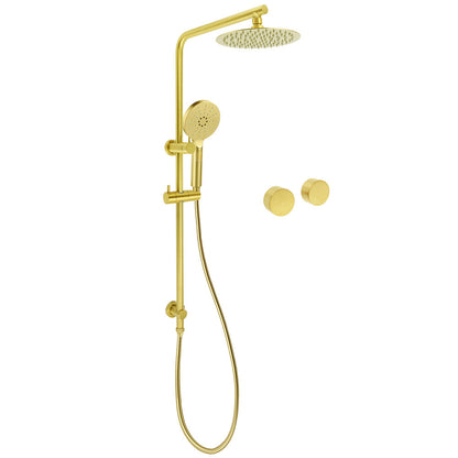 Brushed Gold Dual Shower Set 8" Round Head 3 Modes Handheld Sliding Rail Arm Twin Taps