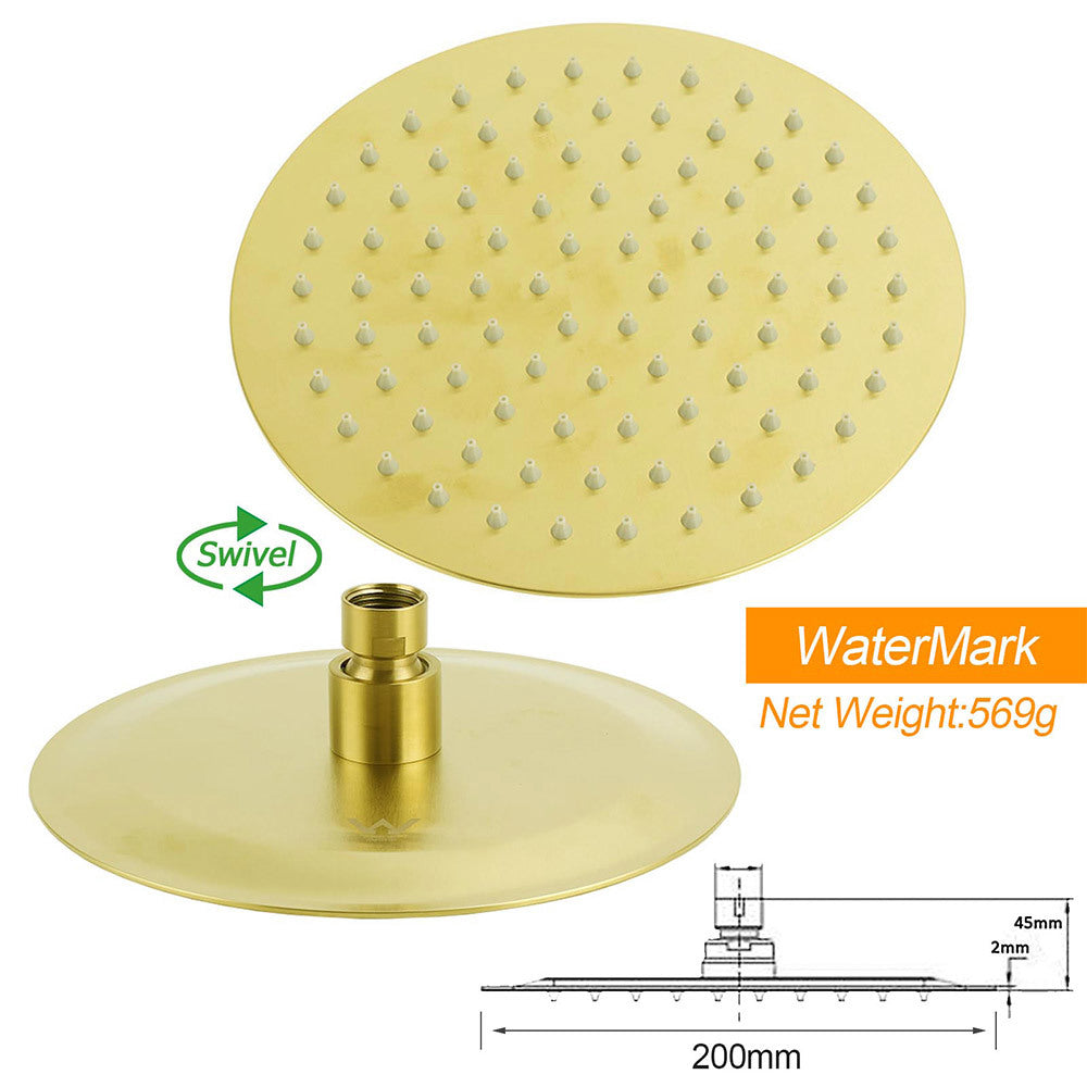Brushed Gold Dual Shower Set 8" Round Head 3 Modes Handheld Sliding Rail Arm Twin Taps