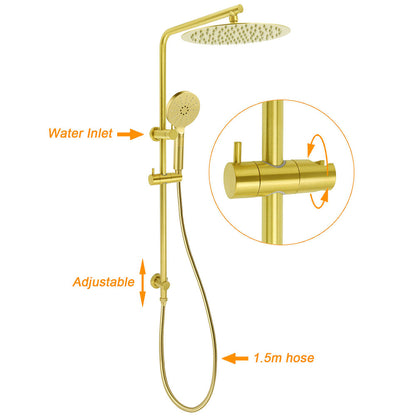 WELS Brushed Gold Dual Shower Set Large Round 12" Rain Head Handheld Silde Wall Rail Arm Taps