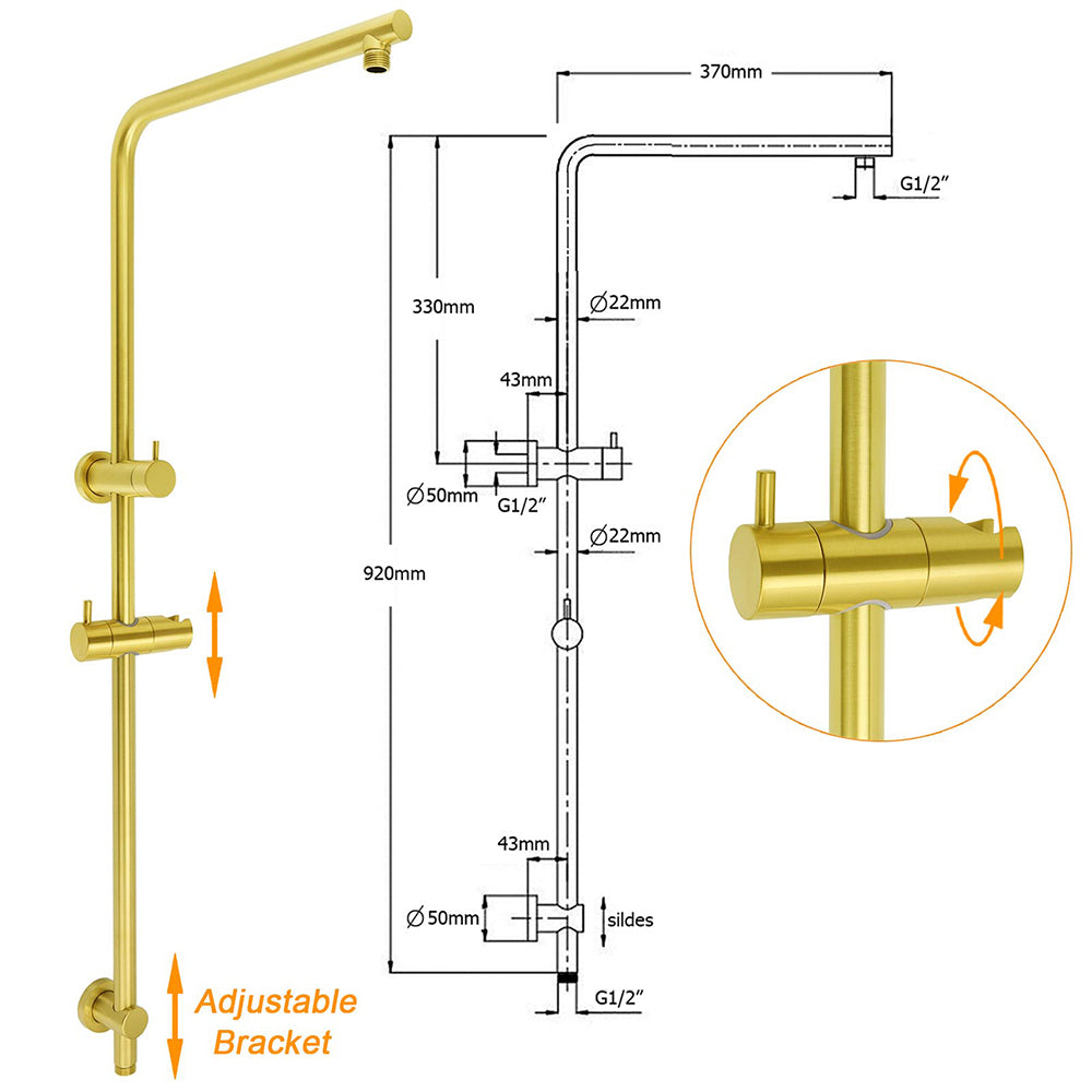 WELS Brushed Gold Twin Shower Large Round 12" Rain Head Handheld Silde Wall Rail Arm Stylish Mixer
