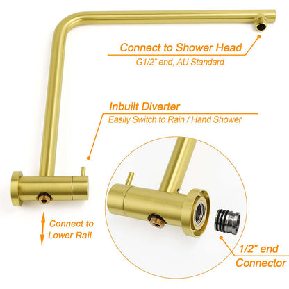 Brushed Gold Twin Shower Large Round 12" Rain Head Metal Rose Silde Wall Rail Arm Mixer Valve