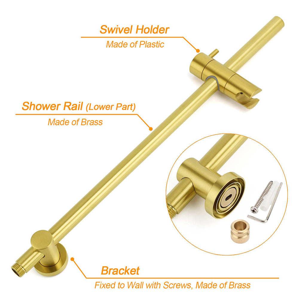 Brushed Gold Twin Shower Large Round 12" Rain Head Metal Rose Silde Wall Rail Arm Mixer Valve