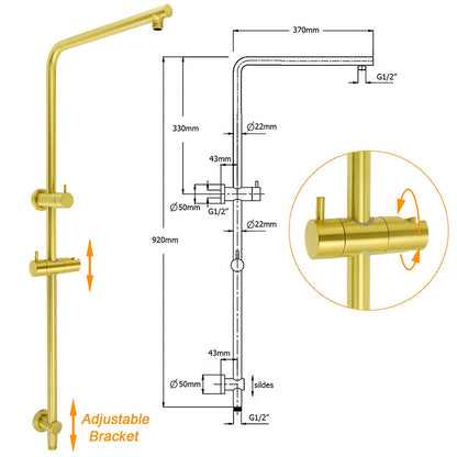 WELS Brushed Gold Twin Shower Large Round 12" Rain Head Metal Handheld Silde Wall Rail New Luxury Mixer