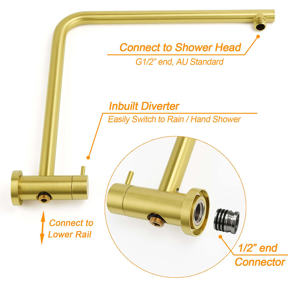 WELS Brushed Gold Twin Shower Large Round 12" Rain Head Metal Handheld Silde Wall Rail New Luxury Mixer