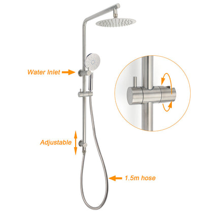 WELS Brushed Nickel 2in1 Shower Set Sliding Rail Arm 8" Round Head Handheld Small Face Mixer