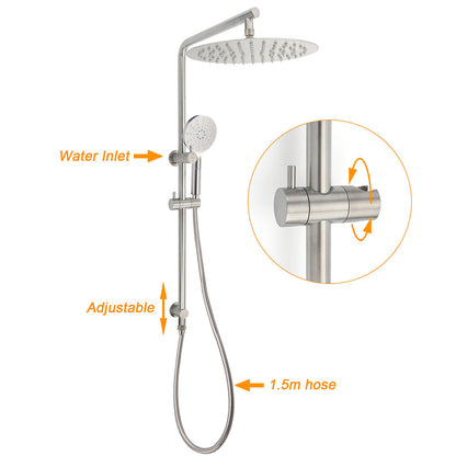 WELS Brushed Nickel Dual Shower Set Sliding Rail Arm 12" Round Head Handheld 2 Way Diverter