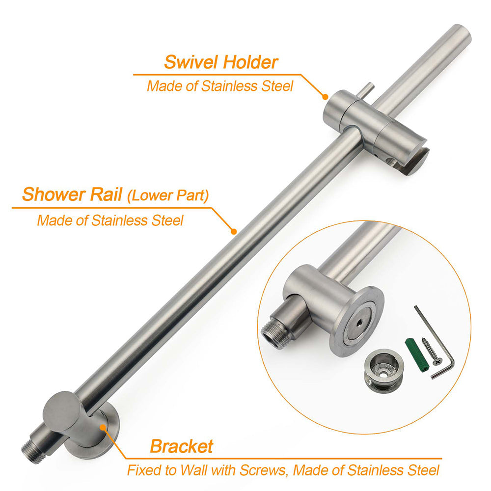 WELS Brushed Nickel Dual Shower Set Sliding Rail Arm 12" Round Head Handheld 2 Way Diverter