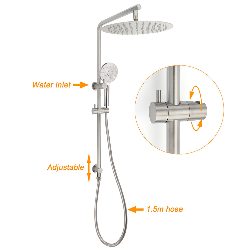WELS Brushed Nickel Dual Shower Set Sliding Rail Arm 12" Round Head Handheld Wall Mixer