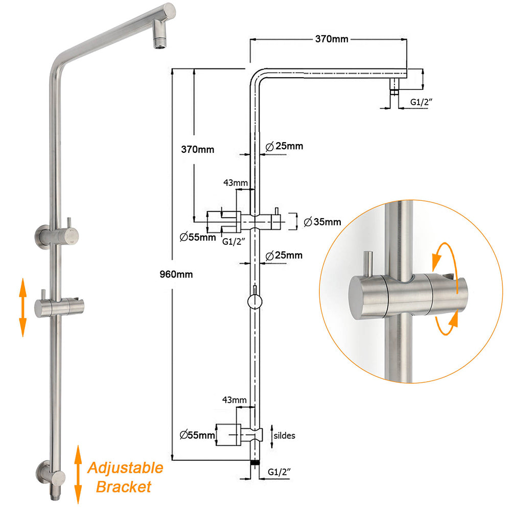 WELS Brushed Nickel 2in1 Shower Set Sliding Rail Arm Large 12" Round Head Handheld Mixer