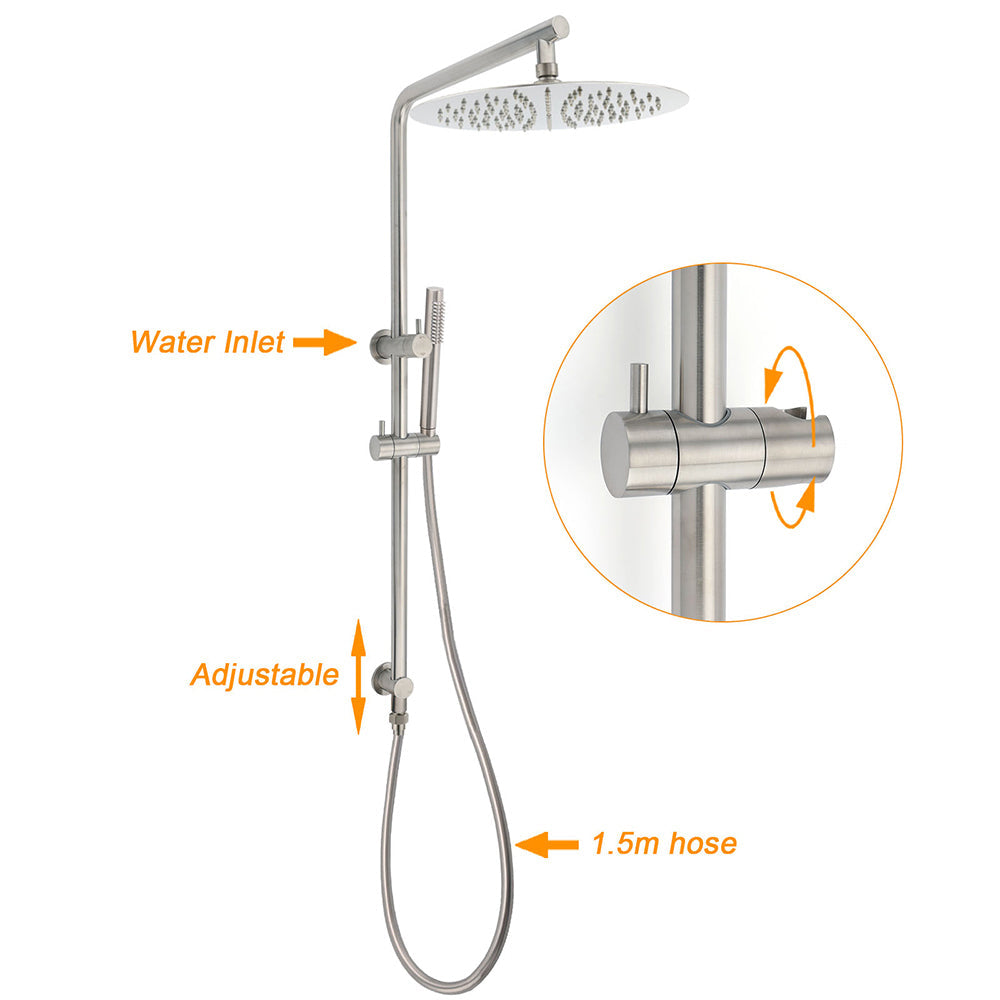 WELS Brushed Nickel Dual Shower Set Sliding Rail Arm Large 12" Round Head Handheld Small Face Mixer