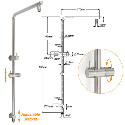 WELS Brushed Nickel Dual Shower Set Sliding Rail Arm Large 12" Round Head Handheld Small Face Mixer