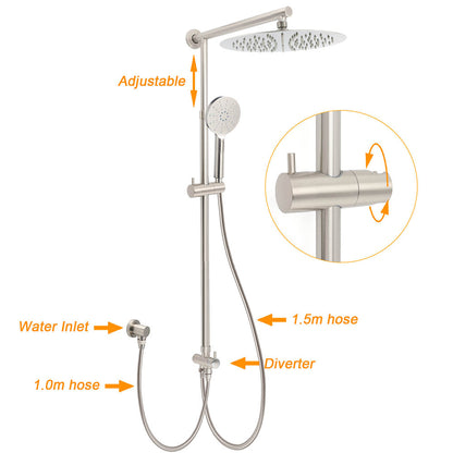 Brushed Nickel 2in1 Round 12" Stainless Steel Rainfall Head Shower Handheld Sliding Rail Arm Set