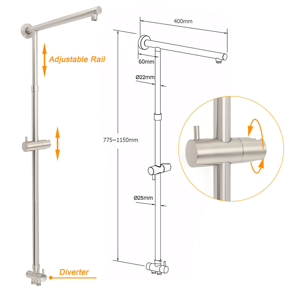 Brushed Nickel 2in1 Round 12" Stainless Steel Rainfall Head Shower Handheld Sliding Rail Arm Set