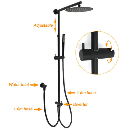 Matt Black Dual Round Shower Set 10" Rain Head Metal Handheld Sliding Rail Arm Diverter