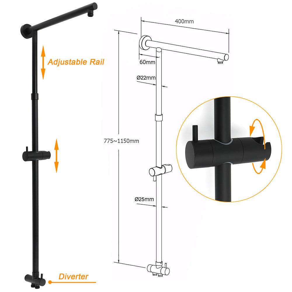 Matt Black Round Dual Shower Set 10" Rain Head Metal Handheld Sliding Rail Arm Twin Taps