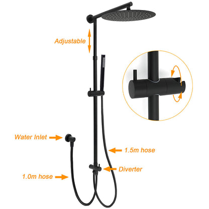 WELS Matt Black Dual 12" Round Shower Head Set Metal Handheld Rail Wall Arm Elbow Inlet Twin Taps