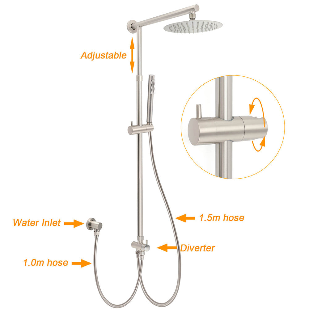 Brushed Nickel 2in1 Round 8inch Stainless Steel Rain Head Shower Handheld Sliding Rail Arm Set