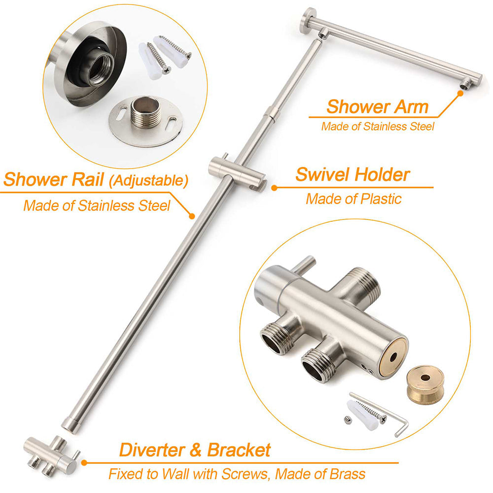 Brushed Nickel 2in1 Round 8inch Stainless Steel Rain Head Shower Handheld Sliding Rail Arm Set
