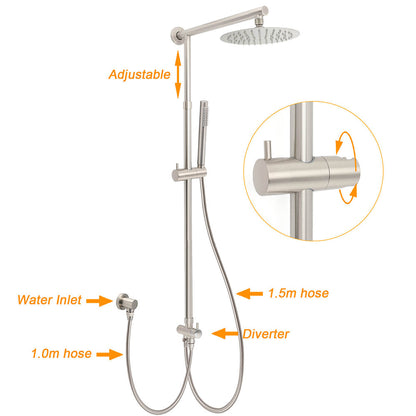 Brushed Nickel 8" Thin Rain Head Twin Shower Metal Handheld Rose Sliding Rail Arm Set With Mixer