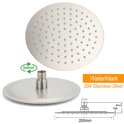 Brushed Nickel 8" Thin Rain Head Twin Shower Metal Handheld Rose Sliding Rail Arm Set With Mixer