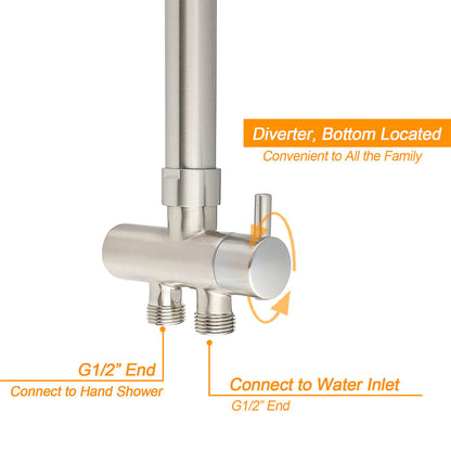 Brushed Nickel Round 12" SUS Rain Head Metal Handheld Shower Sliding Rail Arm Chrome Set + Twin Taps