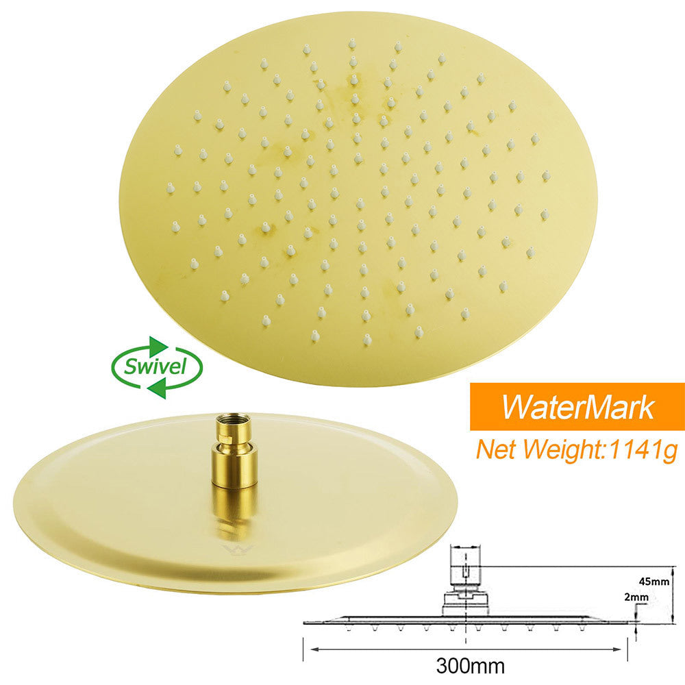 WELS Brushed Gold Round 12" Shower Head 3 Mode Handheld Rose Sliding Rail Twin Taps Set