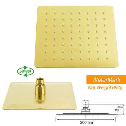 Brushed Gold Dual Square 8" Rain Shower Head 3 Mode Handheld Sliding Rail Arm Twin Taps Set