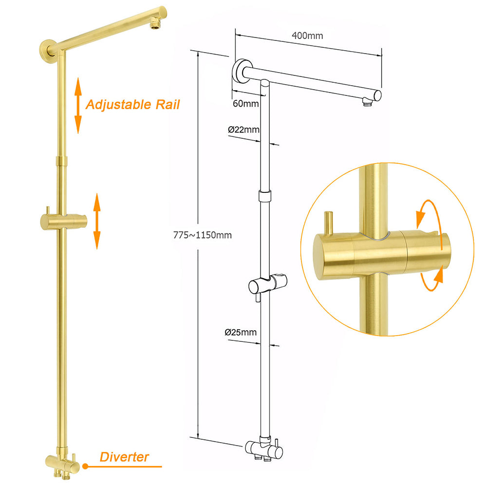 WELS Brushed Gold Square 8" Rain Shower Head 3 Mode Handheld Sliding Rail Arm Dual Mixer Set