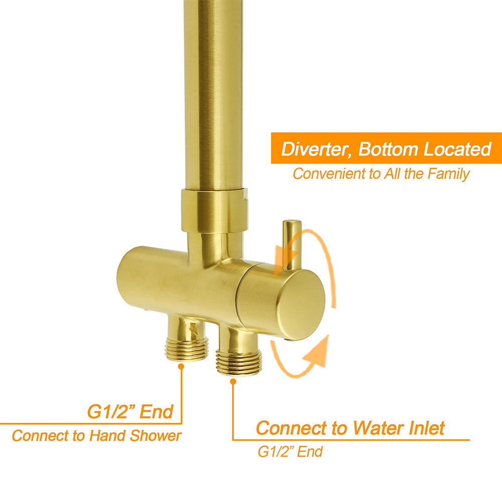 WELS Brushed Gold Square 8" Rain Shower Head 3 Mode Handheld Sliding Rail Arm Dual Mixer Set