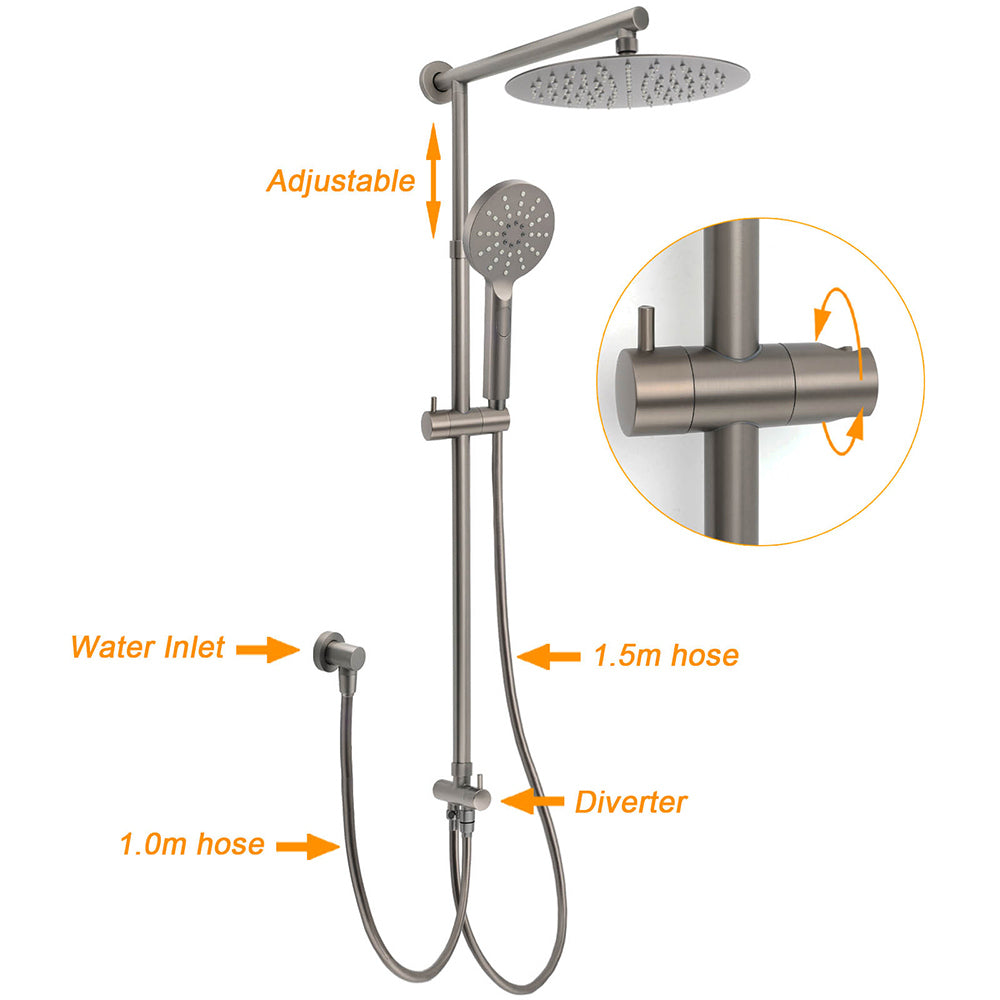 WELS Gun Metal 2in1 Round Shower 10" Rain Head 3 Mode Handheld Sliding Rail Twin Taps Set
