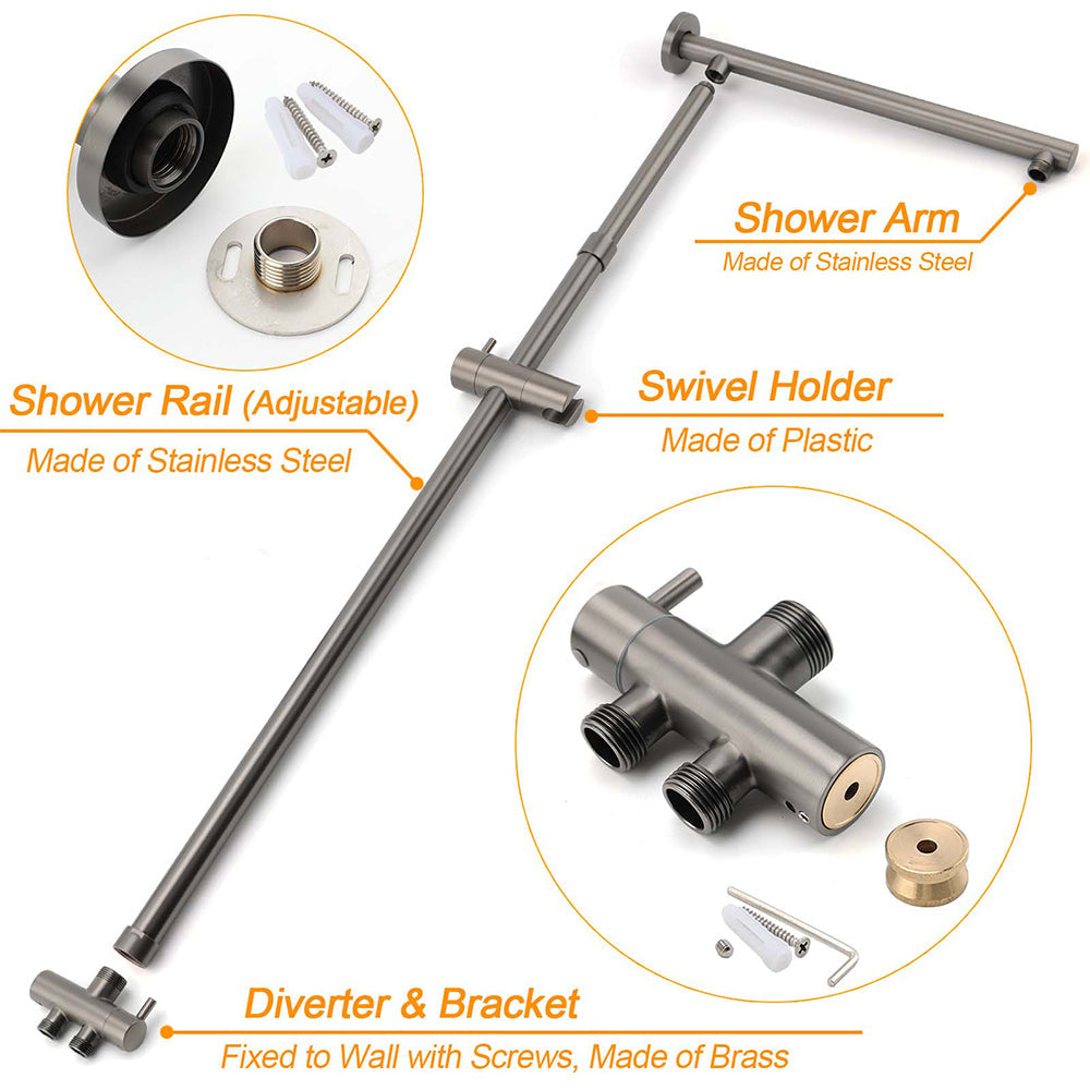 WELS Gun Metal 2in1 Round Shower 10" Rain Head 3 Mode Handheld Sliding Rail Twin Taps Set