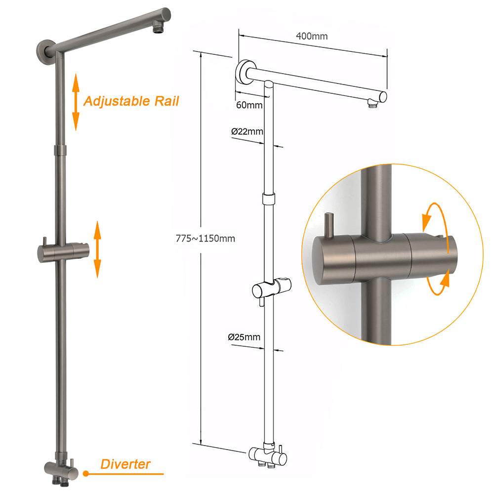 WELS Gun Metal 2in1 Round Shower 10" Rain Head Stngle Mode Handheld Sliding Rail Arm Mixer Set