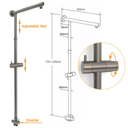 WELS Gun Metal 2in1 Round Shower 10" Rain Head Stngle Mode Handheld Sliding Rail Arm Mixer Set