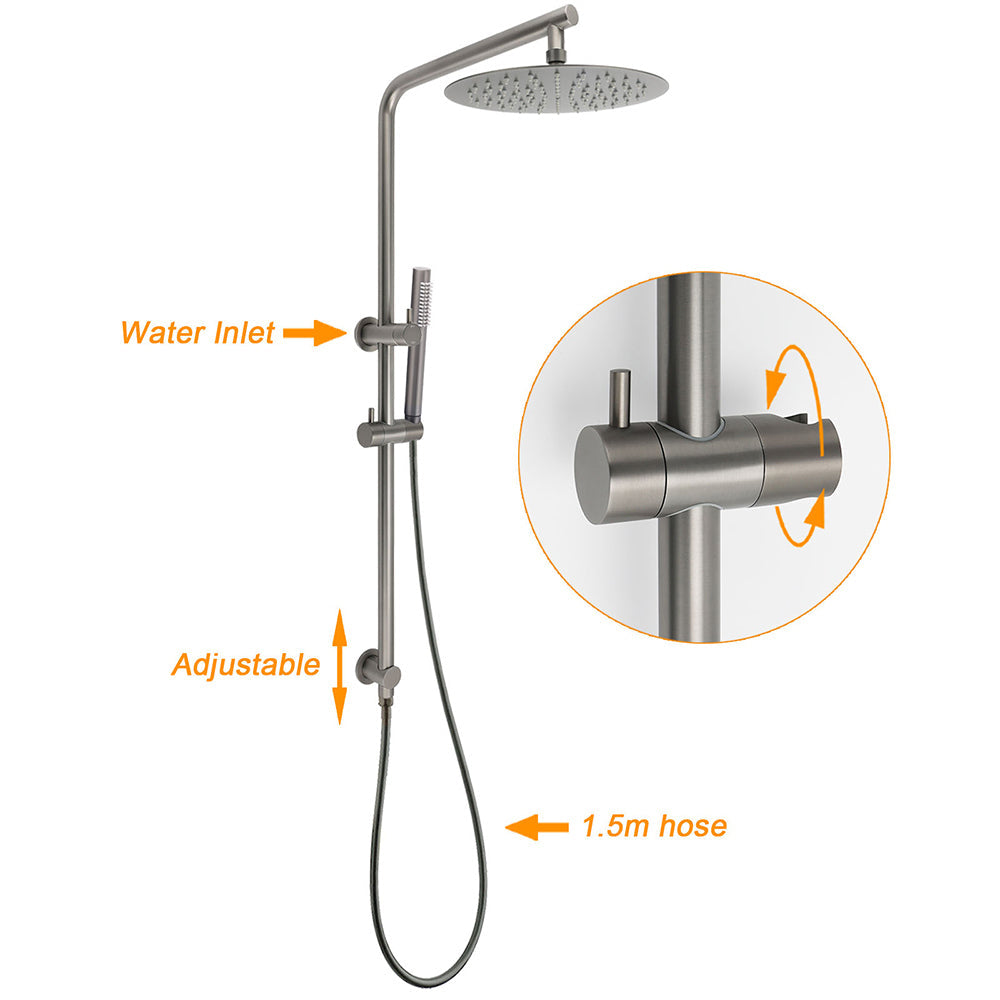 WELS Gun Metal 2in1 Round Shower 10" Rain Head Stngle Mode Handheld Sliding Rail Arm Mixer Set