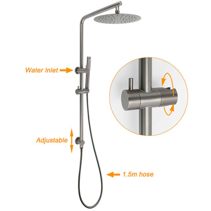 WELS Gun Metal 2in1 Round Shower 10" Rain Head Stngle Mode Handheld Sliding Rail Arm Mixer Set