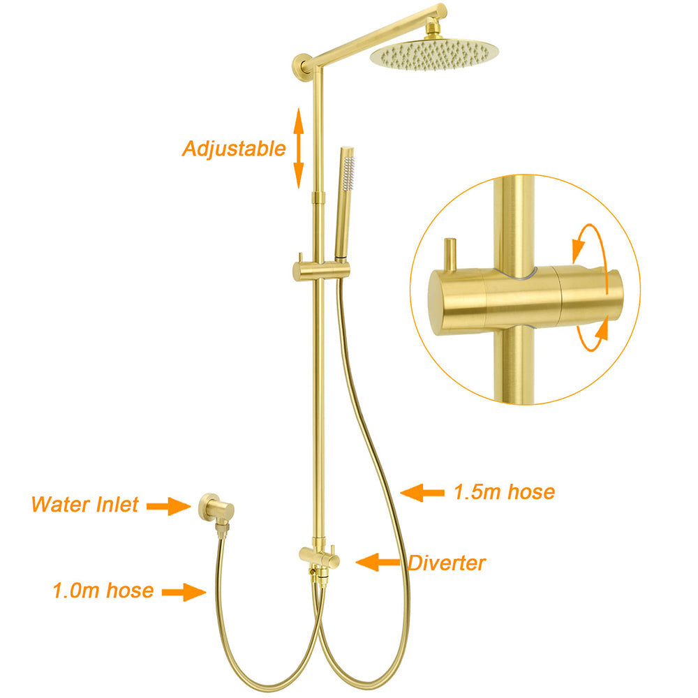 WELS Brushed Gold Twin Shower 8" Round Head Set Single Mode Handheld Rose Sliding Rail Arm