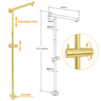 WELS Brushed Gold Twin Shower 8" Round Head One Mode Handheld Rose Sliding Rail With Mixer Set