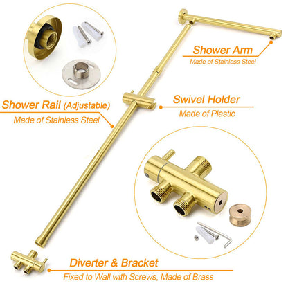 WELS Brushed Gold Twin Shower 8" Round Head One Mode Handheld Rose Sliding Rail With Mixer Set