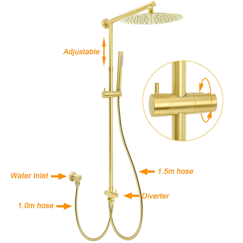 WELS Brushed Gold Round 12" Shower Head Single Mode Handheld Rose Sliding Rail Twin Taps Set