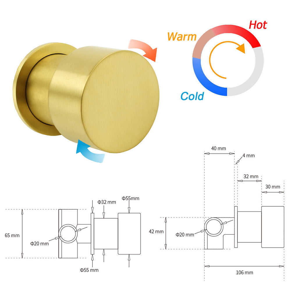 Brushed Gold Dual Round Shower 12" Top Head Simple Stick Handheld Sliding Rail Arm Mixer Valve