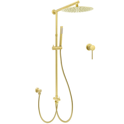 WELS Brushed Gold Dual Large Round Shower Set 12" Rain Head Stainless Steel Handheld Sliding Rail Small Face Mixer