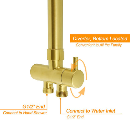 WELS Brushed Gold Dual Large Round Shower Set 12" Rain Head Stainless Steel Handheld Sliding Rail Small Face Mixer